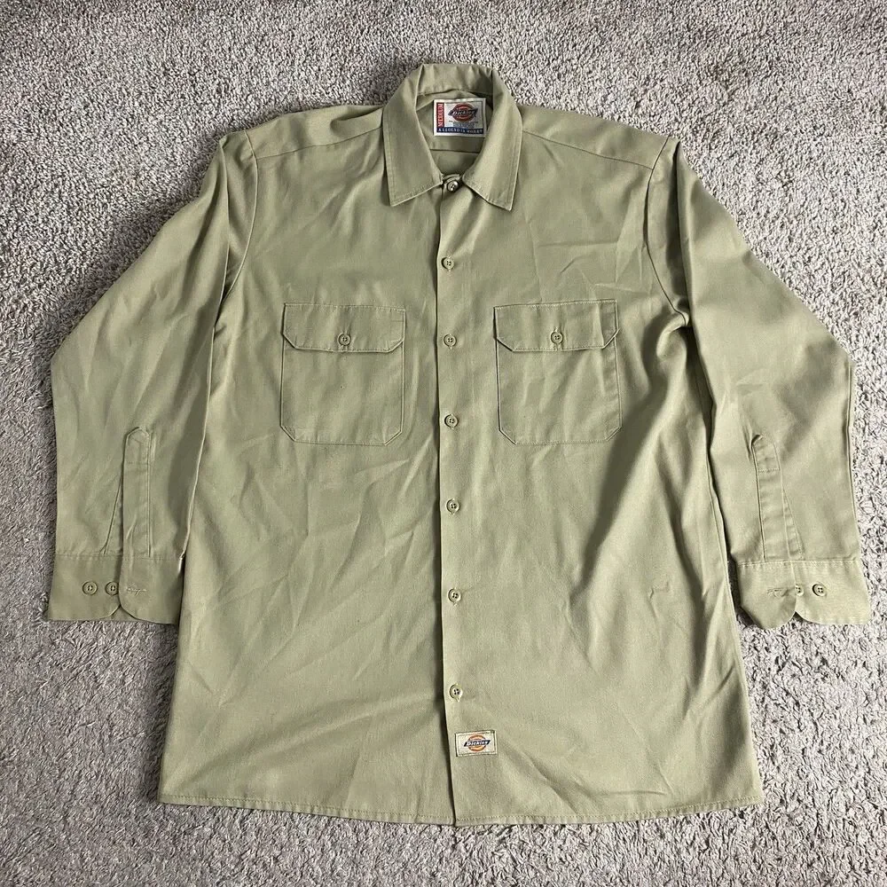 Dickies Work Shirt Mens Medium Long Sleeve Industrial Button Up Khaki Tan Chore